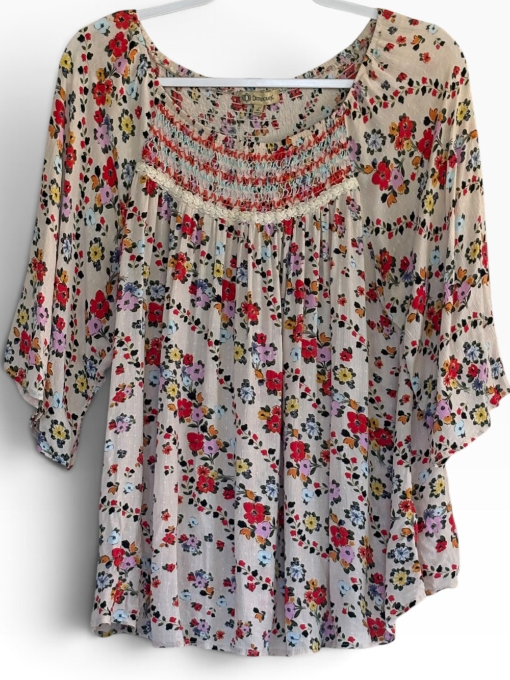 Democracy Boho Floral Print Peasant Top Shirt Size L